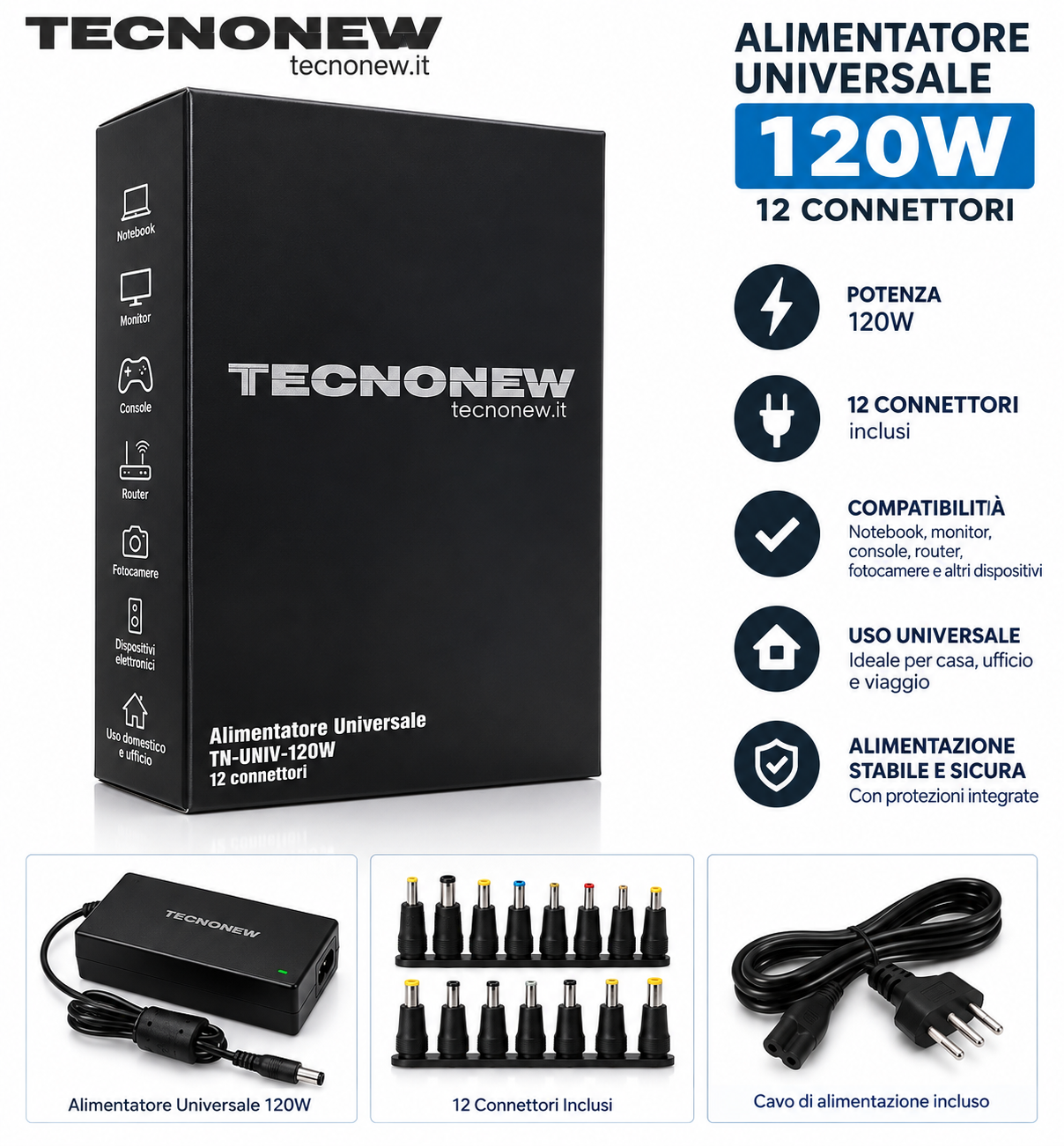 Teconew TN-UNIV-120W alimentatore universale 120W con 12 connettori
