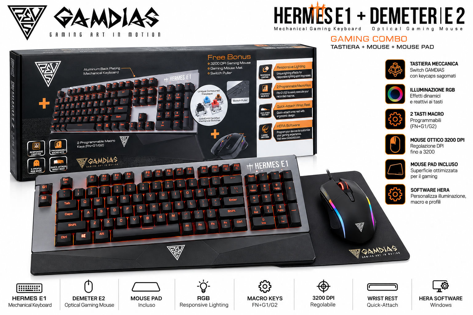 GAMDIAS HERMES E1 + DEMETER E2 gaming combo con tastiera meccanica, mouse e mouse pad