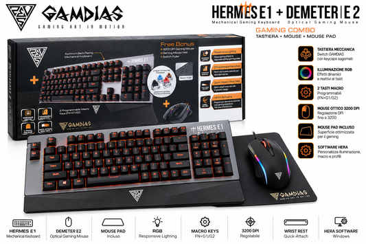 GAMDIAS HERMES E1 + DEMETER E2 gaming combo con tastiera meccanica, mouse e mouse pad