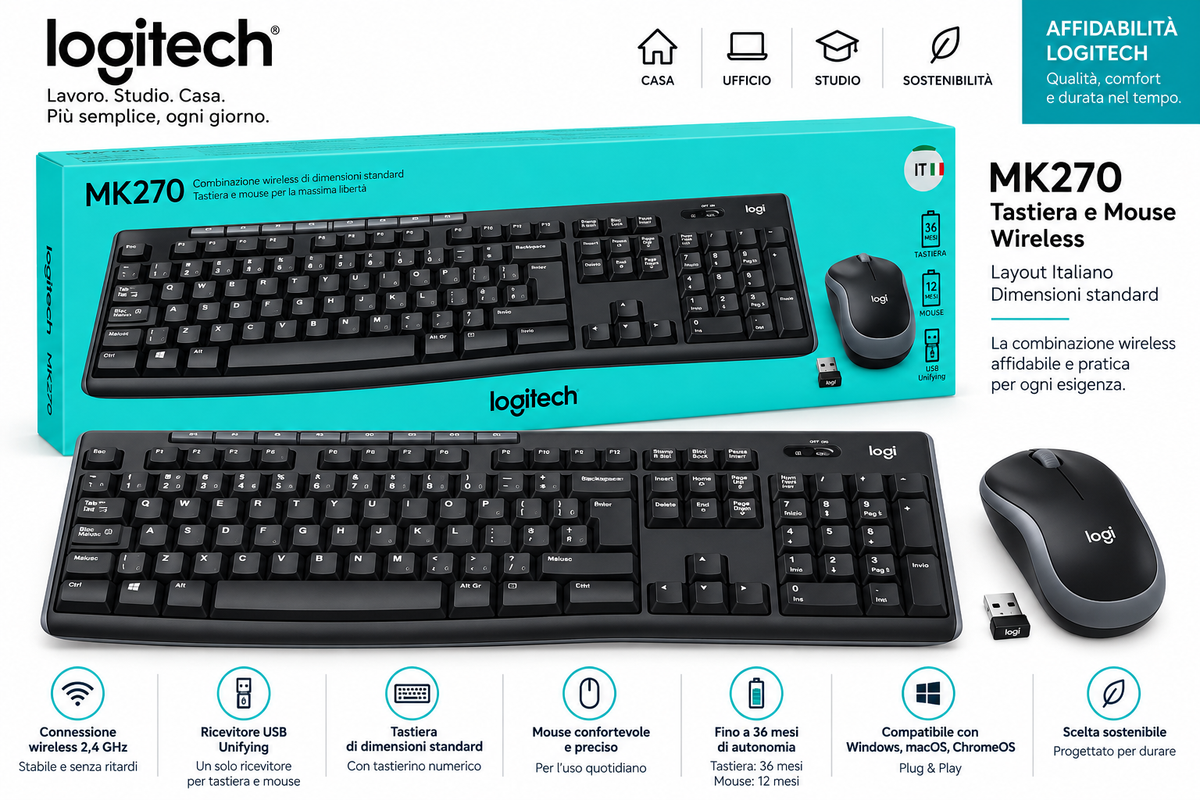 Logitech MK270 kit tastiera e mouse wireless layout italiano