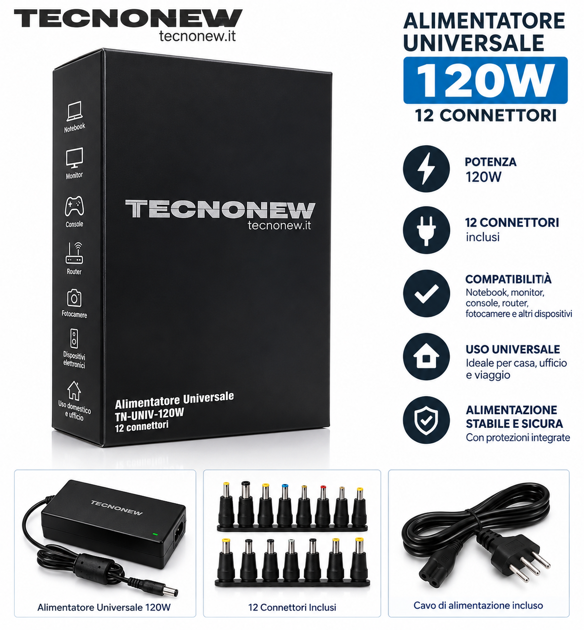 Teconew TN-UNIV-120W alimentatore universale 120W con 12 connettori