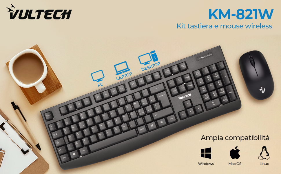 Vultech KM-821W kit tastiera e mouse wireless